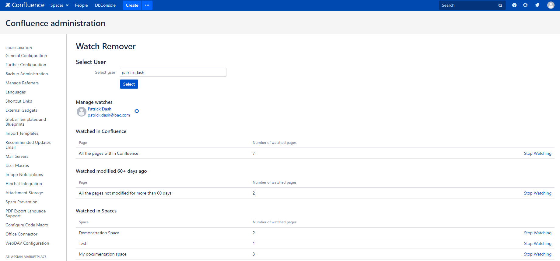 Simply Watches is accessible to every user from his profile section but also enables the admin to manage watches for users from the administration section. Select a user and manage his/her watches like the user would.​