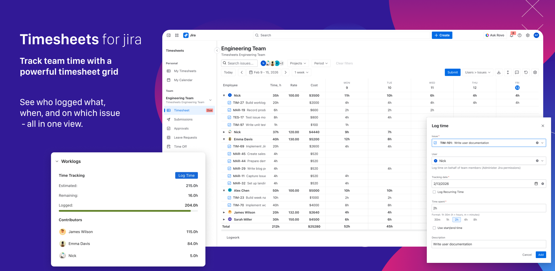 Team timesheet grid showing logged hours per day with the Log Time modal for quick time entry and Jira issue context panel displaying worklog summary, estimates, and top contributors
