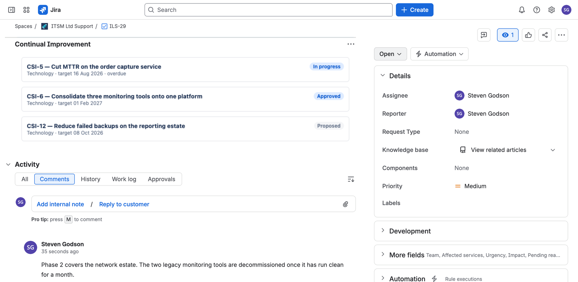 The Continual Improvement panel ImproveDesk adds to a Jira issue, naming each improvement the issue contributes to, with its status and target date. The link is made from the improvement.