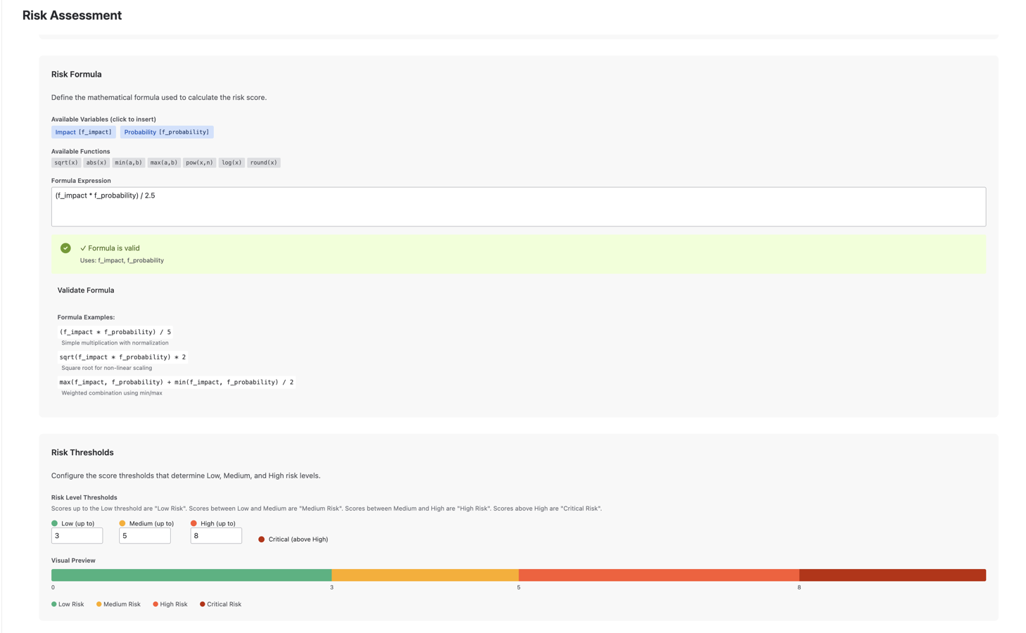 Configuration showing the formula editor with available variables and functions, formula validation, example formulas, and the threshold editor with a visual color-coded scale preview.