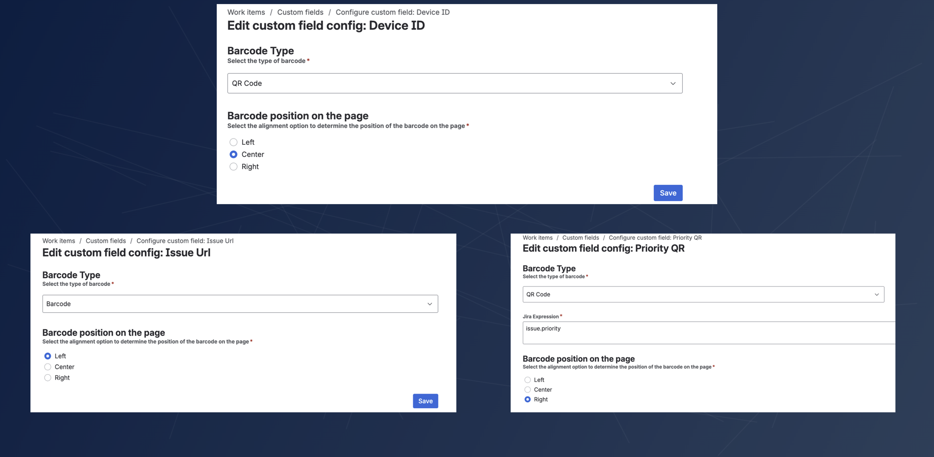 Configure your field to generate a barcode or QR code based on your specific needs. Choose to encode the issue URL, custom text, or use a Jira expression for dynamic data, and then set the alignment for display.