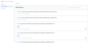 One filterable list – by quarter, Jira ID, or contributor – of every work item touched by a human, an AI tool, or both, so a work item user finds what happened without checking Git and Jira separately.
