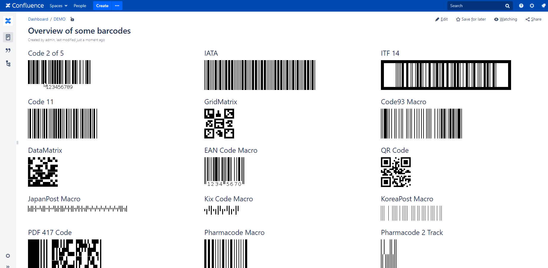 Overview of some supported barcodes