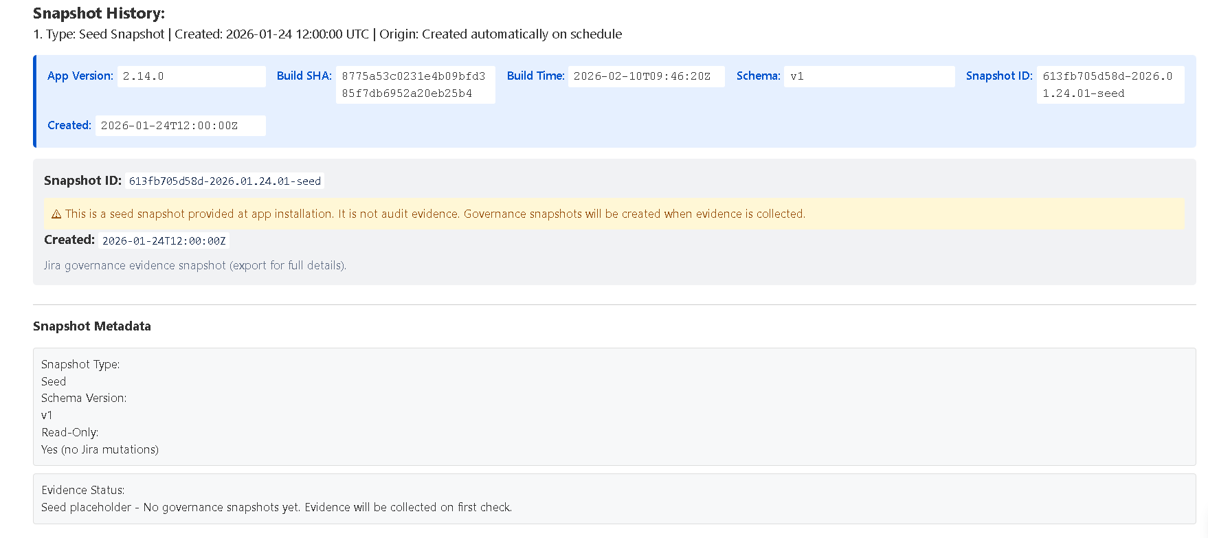Snapshot metadata including version, build SHA, schema, and unique snapshot ID