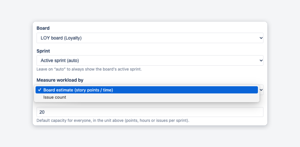Workload comes from the estimate your board already uses (story points, or time in hours) or from the issue count. Capacity is set in the same unit.
