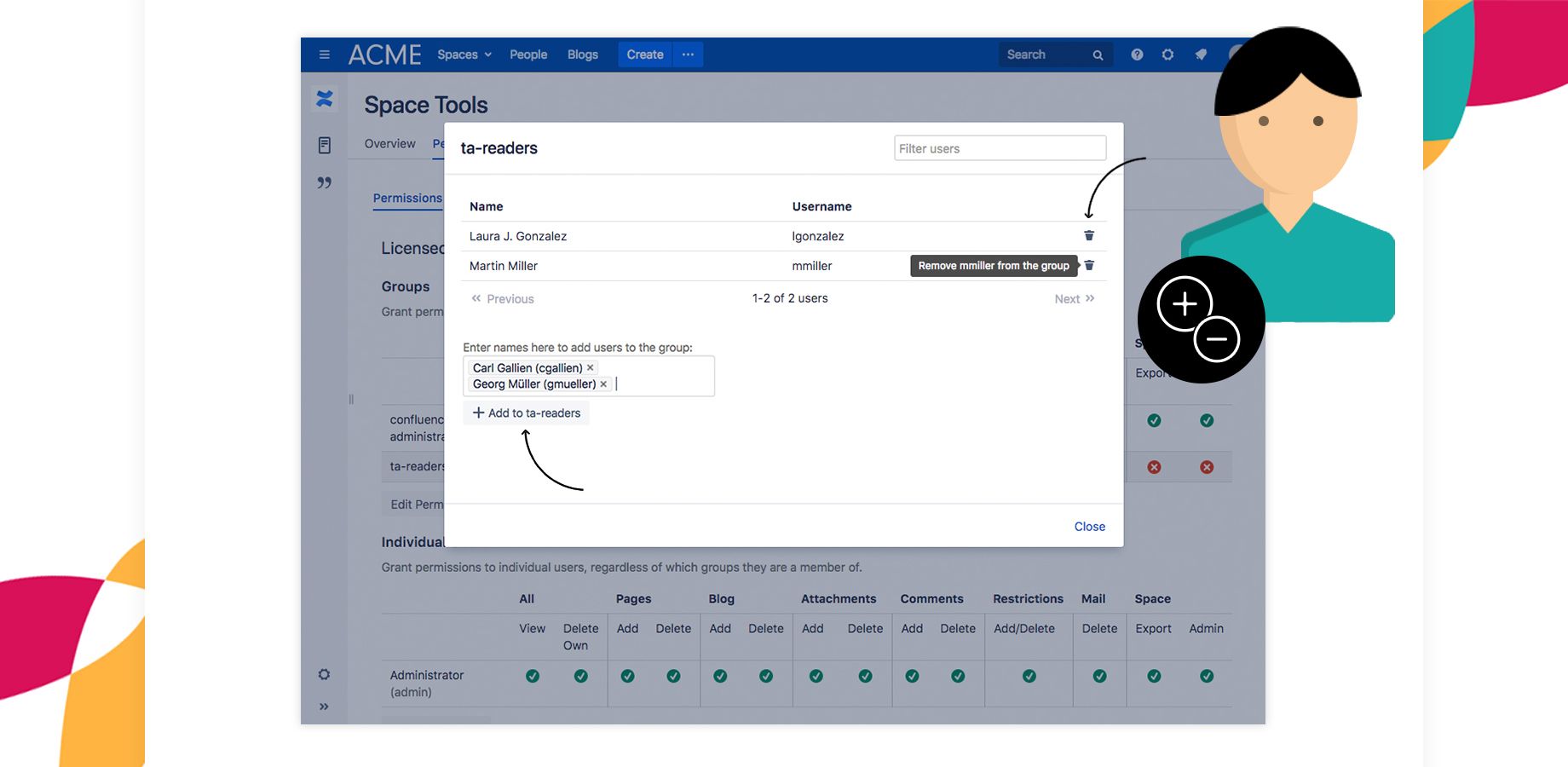 Effortlessly add or remove members from your Confluence space groups with a single click. Simplify user management with an intuitive interface.