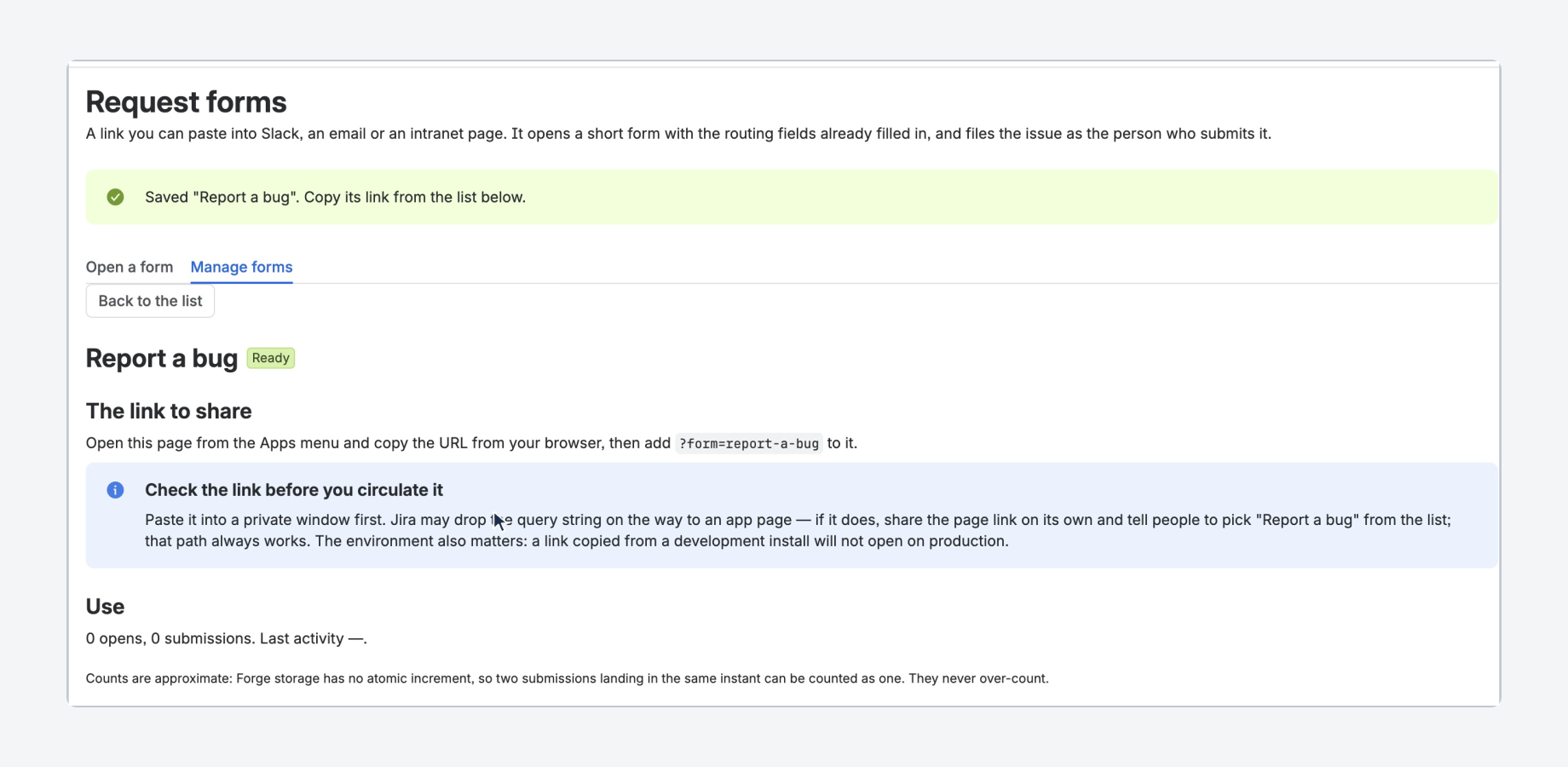 Saving checks the form against Jira's live create screen. This one came back Ready, with its shareable link and a reminder to test it before circulating.