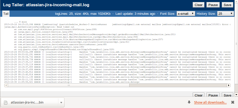 Shows the save button being used (webkit browsers) to download the local log content to a file.