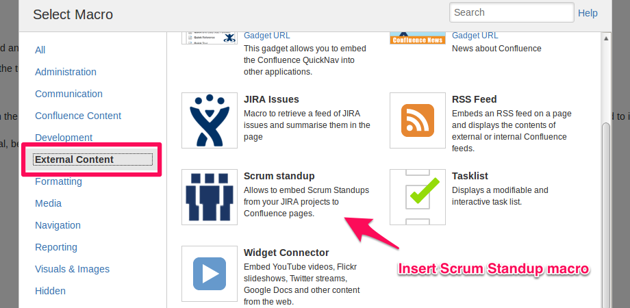Edit page and insert Scrum Standup macro