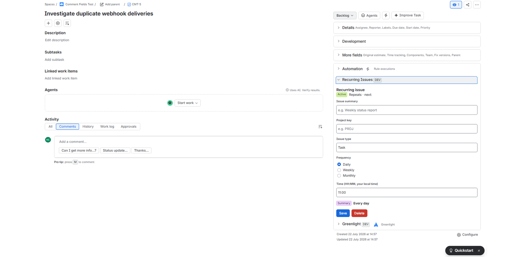A daily recurring rule, active and running, with the schedule visible directly in the issue panel.