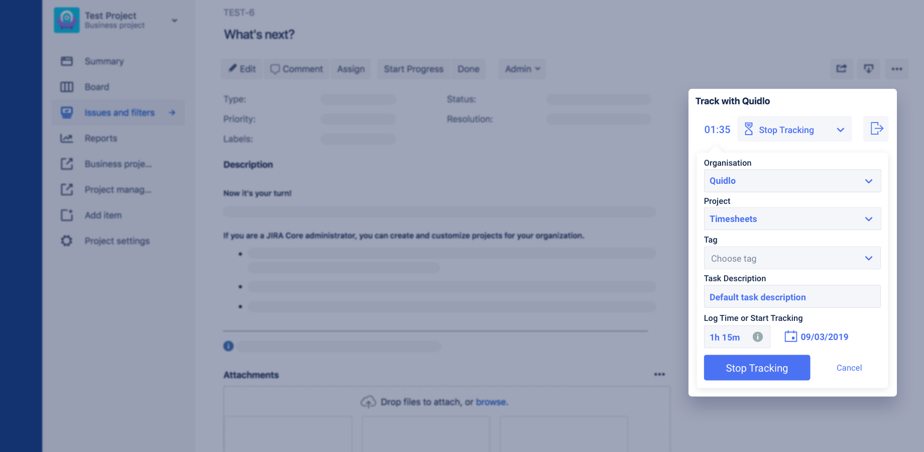 ​Start, stop or log time in Quidlo Timesheets straight from issues in Jira. Tracked time is synced to JIRA worklog.