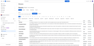 The glossary of a real space: 113 imported terms with labels, owners and sources, browsable by letter or label, with definitions visible in the list.