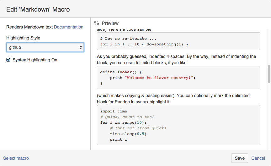 Syntax highlighting available for code blocks, and choose from various highlighting styles
