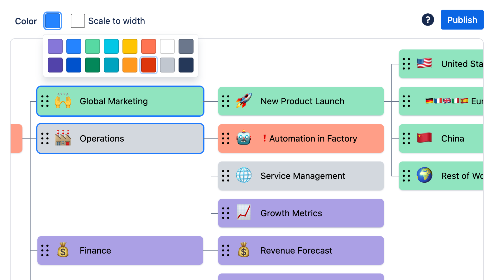 Use colors to make it easier for your audience to quickly overview how certain tasks belong together, or emphasize specific tasks to stand out from the others. Add symbols to enhance the messaging.