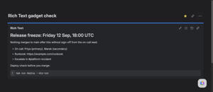 A release freeze notice on a dashboard: heading, list, link and code block, drawn by Jira's own renderer in dark mode