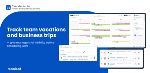HR calendar in Jira with vacation and business trip issues color-coded by type, showing team availability