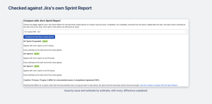 The administration page checks the ledger against Jira's own Sprint Report: the last three closed sprints of a board, issue by issue and estimate by estimate, naming every difference and its reason.