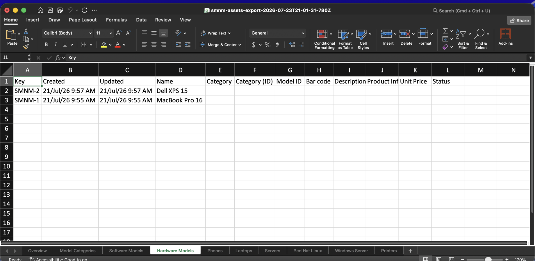 One sheet per object type, tabs along the bottom