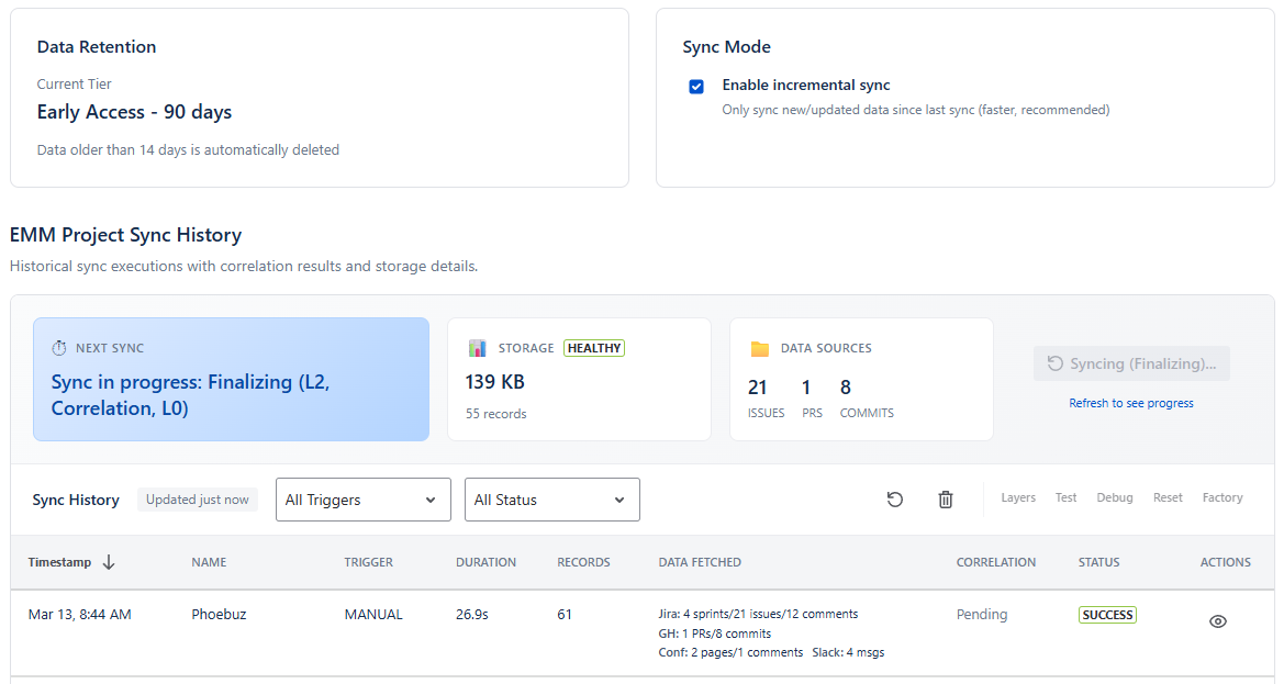 Handoff flow with sync history showing queued, in-progress and completed syncs per project. Status, triggers, duration and data tracked across distributed team members