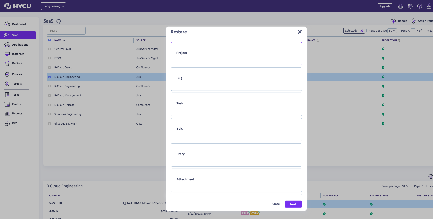 Instant, granular restore of Jira data in 1 click