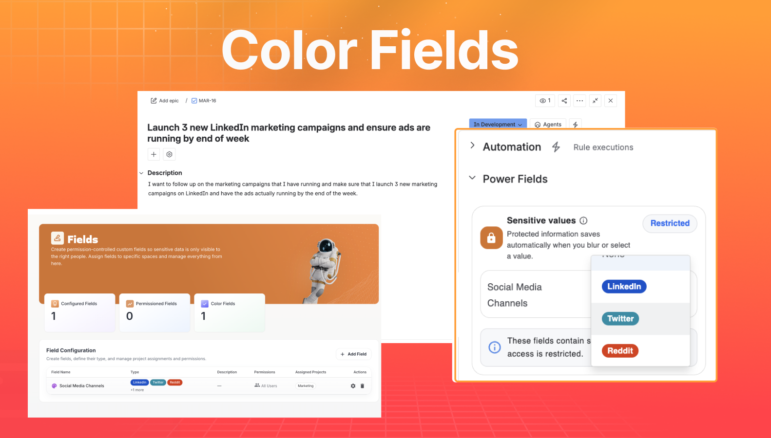 A color-coded custom field on the issue view, showing single or multi-select options assigned a color for instant visual identification of status or priority.