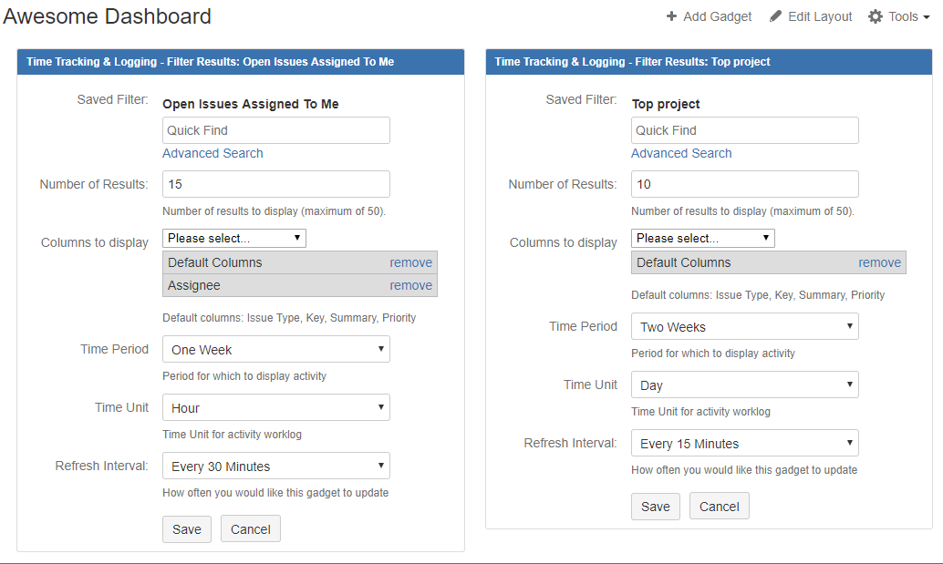Configuration options can be different on each gadget instance, you can have a timesheet management by project if you want to by selecting according issue filter on each gadget instance.