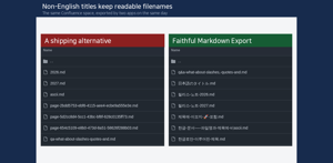 The same Confluence space exported twice. Non-English titles keep readable filenames instead of collapsing into a UUID.