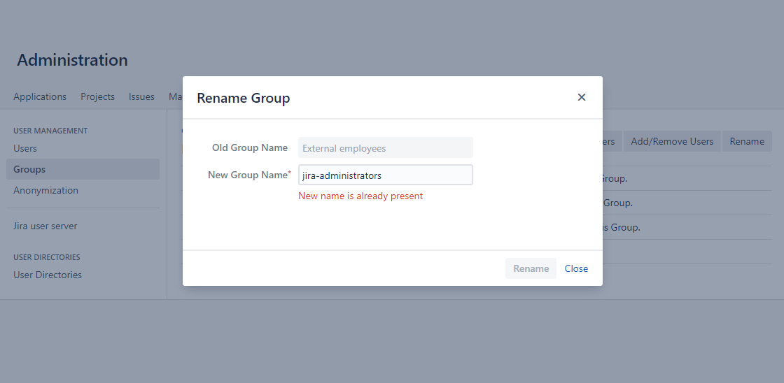 Renaming errors are clearly shown, keeping group management safe and reliable