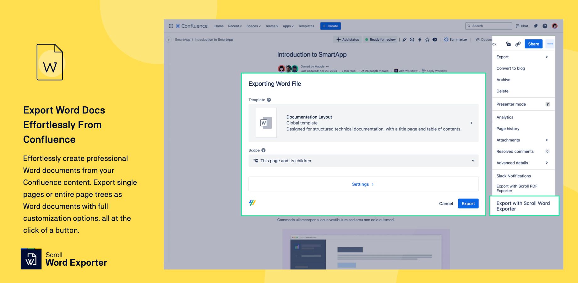 Effortlessly create professional MS Word documents from your Confluence content. Export single pages or entire page trees as Word files with full customization options, in just a few steps.
