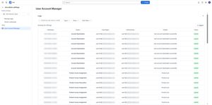 Audit logs tab tracking all administrative actions with action type, target user, performed by, details and status columns. Filter by type, export logs, view account reactivations, deactivations and config changes