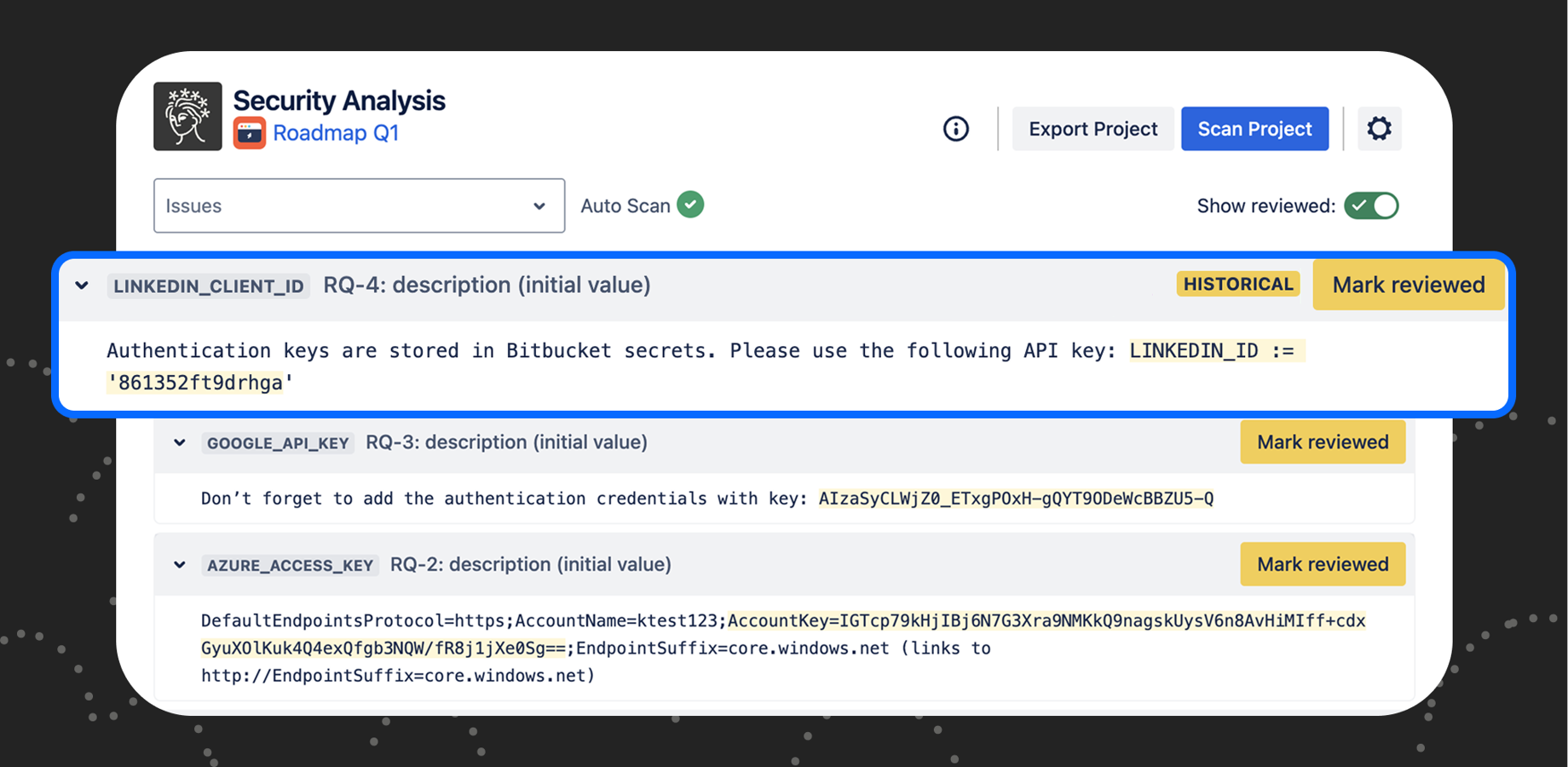 Soteri's Security Analysis dashboard that allows you to identify and remediate found secrets in your Jira instance