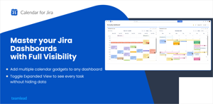 Jira dashboard displaying multiple Calendar for Jira gadgets with Expanded View enabled to show all scheduled tasks, issue keys, and deadlines in a high-density monthly grid without grouping