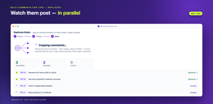 Watch every copy post in parallel, with live delivered / sending / failed counts and a per-ticket status list.