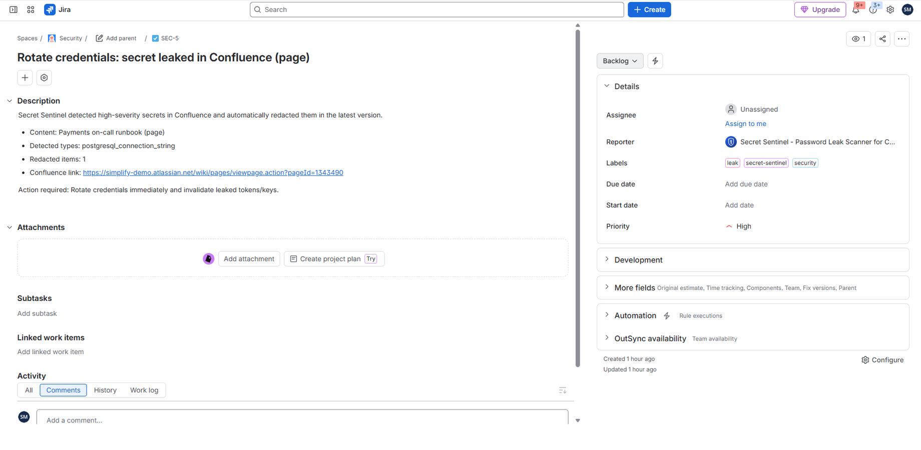 A Jira incident for a leak found in Confluence — your team knows what to rotate.