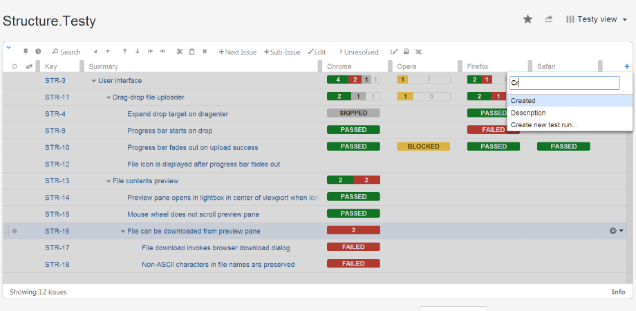Creating a new test run is a simple matter of adding a column to the Structure board