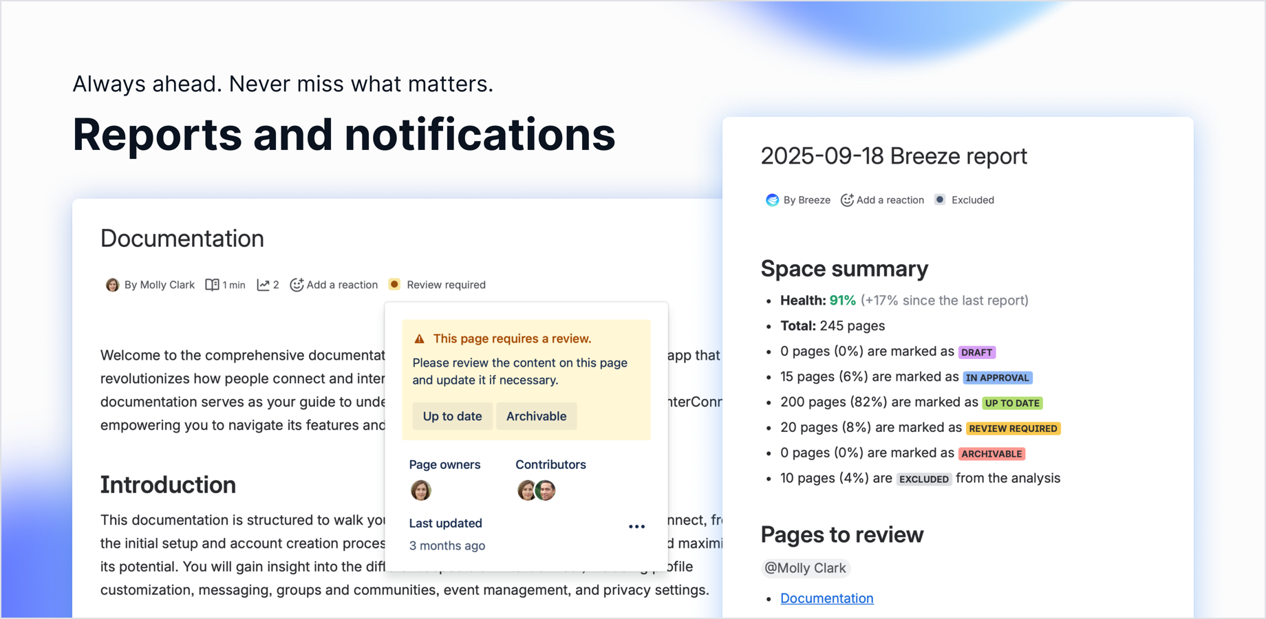 Breeze creates status reports as a result of the automated workflow execution. These reports contain important space metrics and notifications about pages to review resulting from the associated workflow.