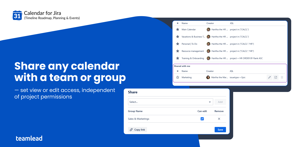 Calendar sharing settings showing view and edit access controls for different Jira groups