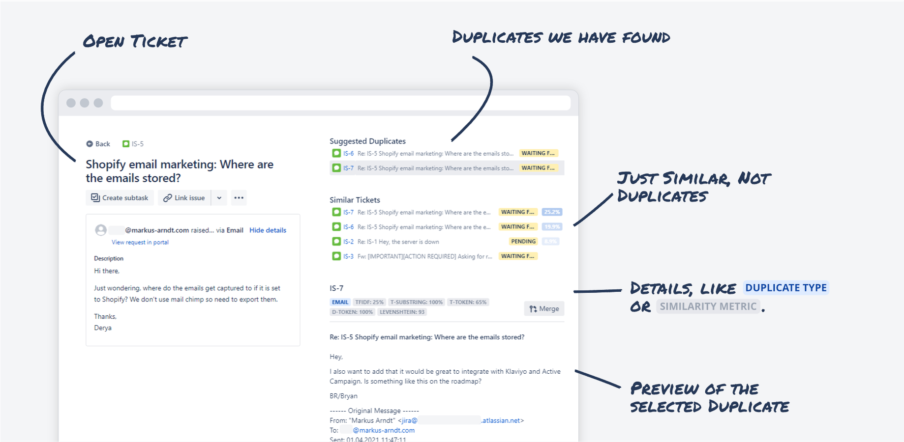 ​Based on 6+ metrics we identify Email Replies, Similar Tickets, Partial- and Complete Duplicates.