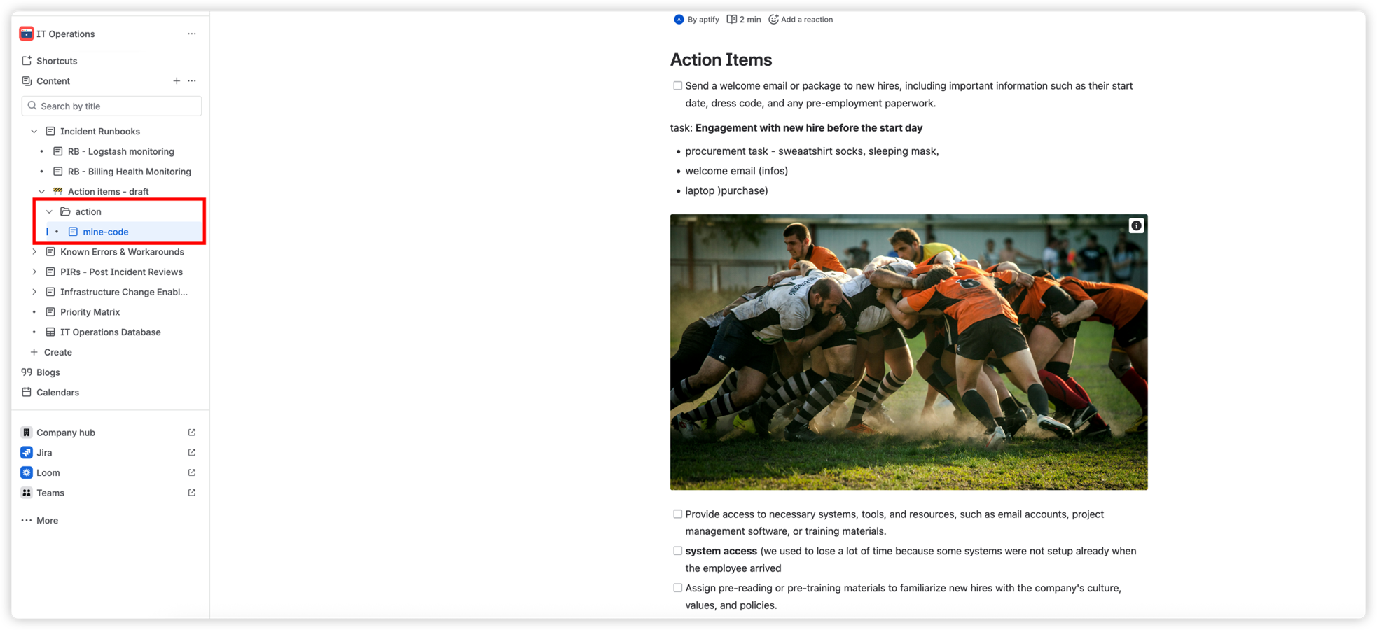 A Markdown file imported as a Confluence page, showing correctly rendered task checkboxes, bold text, bullet lists, and an embedded image — preserving the original document structure and formatting.