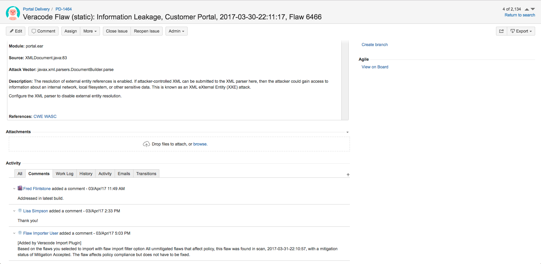 The Veracode Integration for Jira Cloud automatically closes tickets when security findings are fixed, or when the security team accepts a developer’s mitigation.