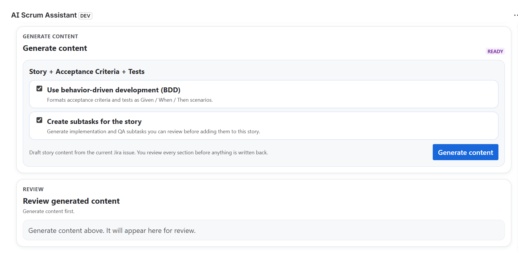 Generation flow with BDD and subtask options enabled before content is created