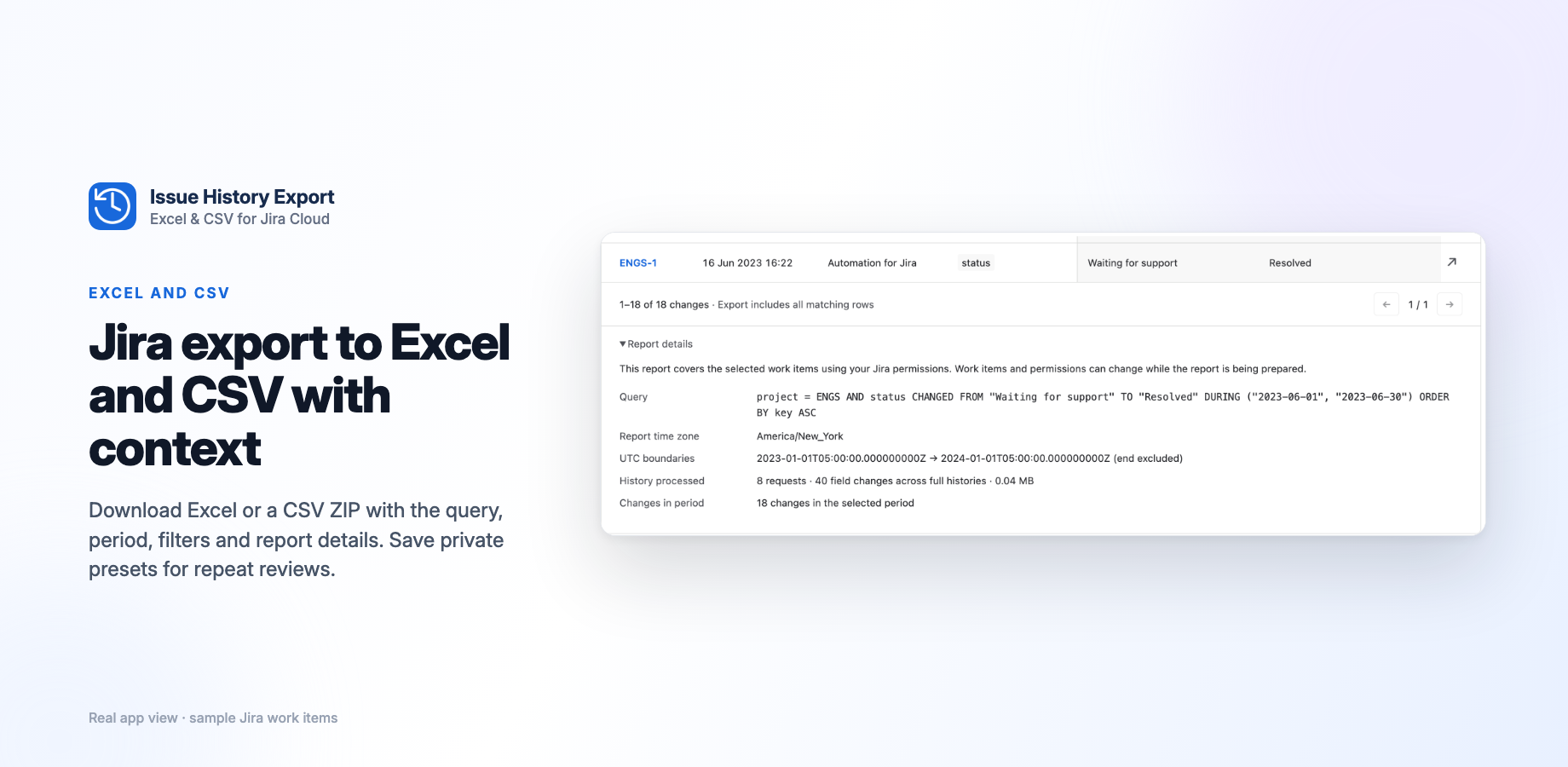 Keep the selection and coverage details with your export. Jira permissions are checked again before the file is prepared.