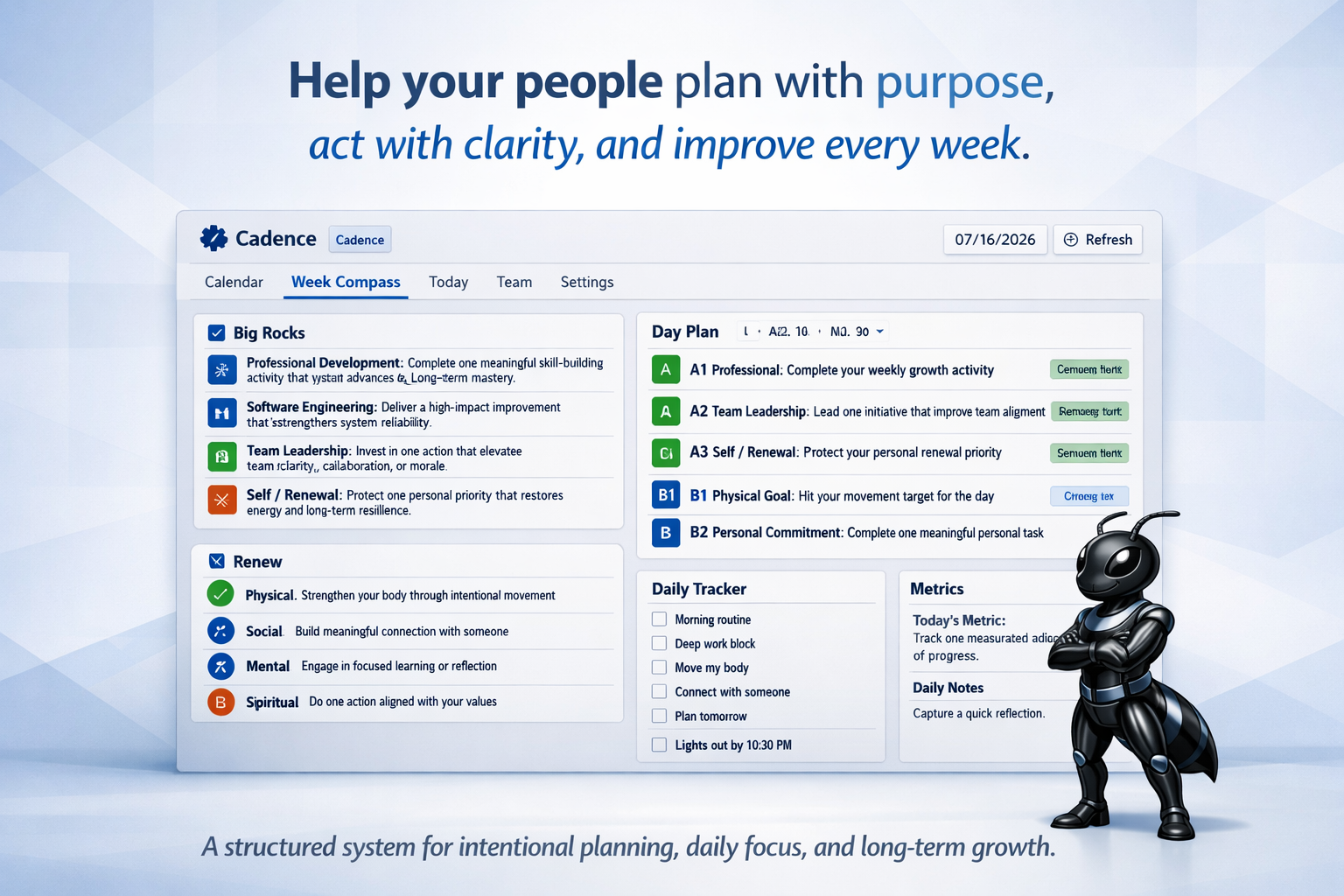 Week Compass: Big Rocks, Renew, Day Plan, and Daily Tracker—intentional planning and daily focus for long-term growth in Jira