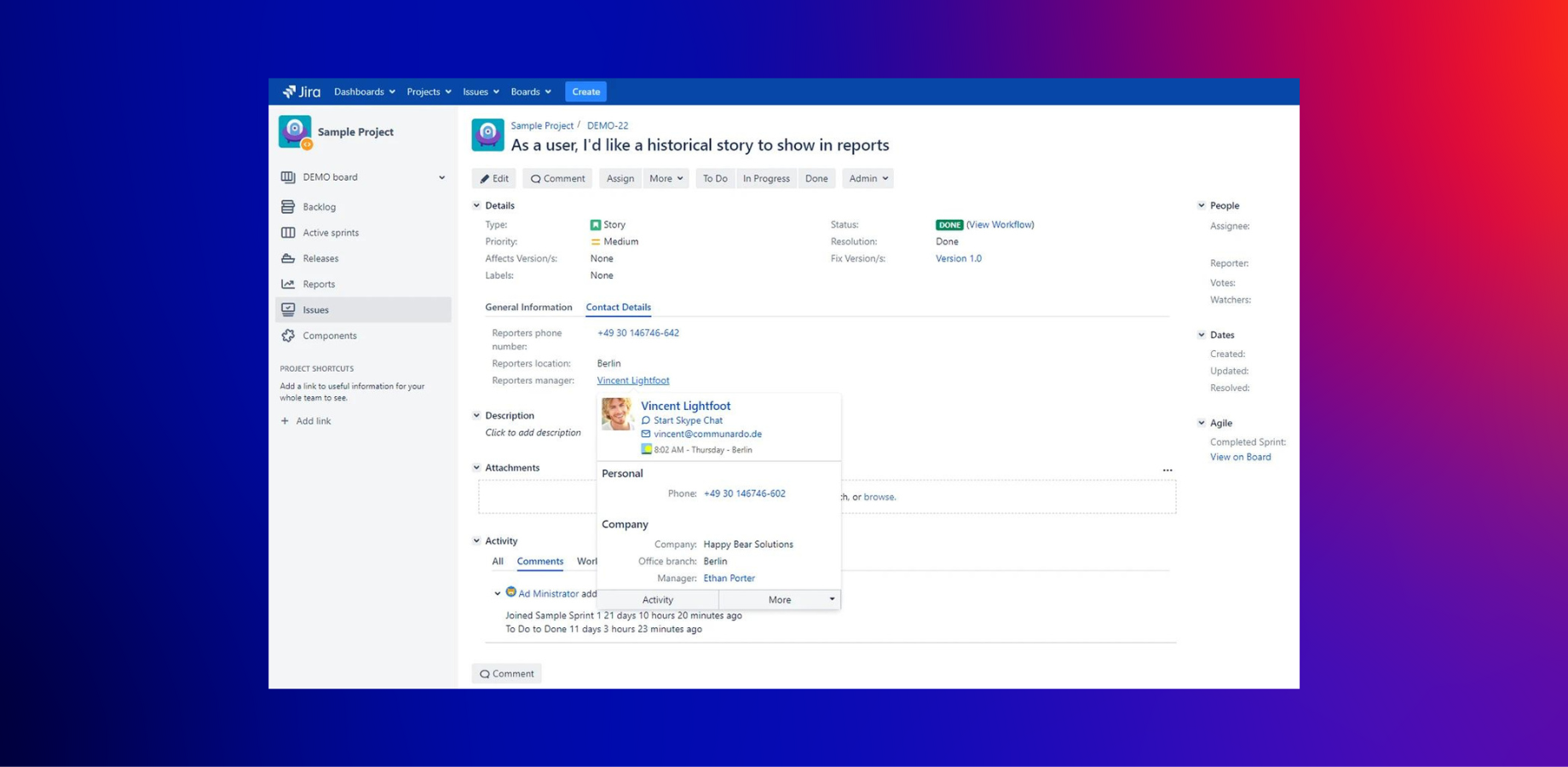 The Hover Profile shows major contact information. Clicking on telephone numbers launches the phone app.