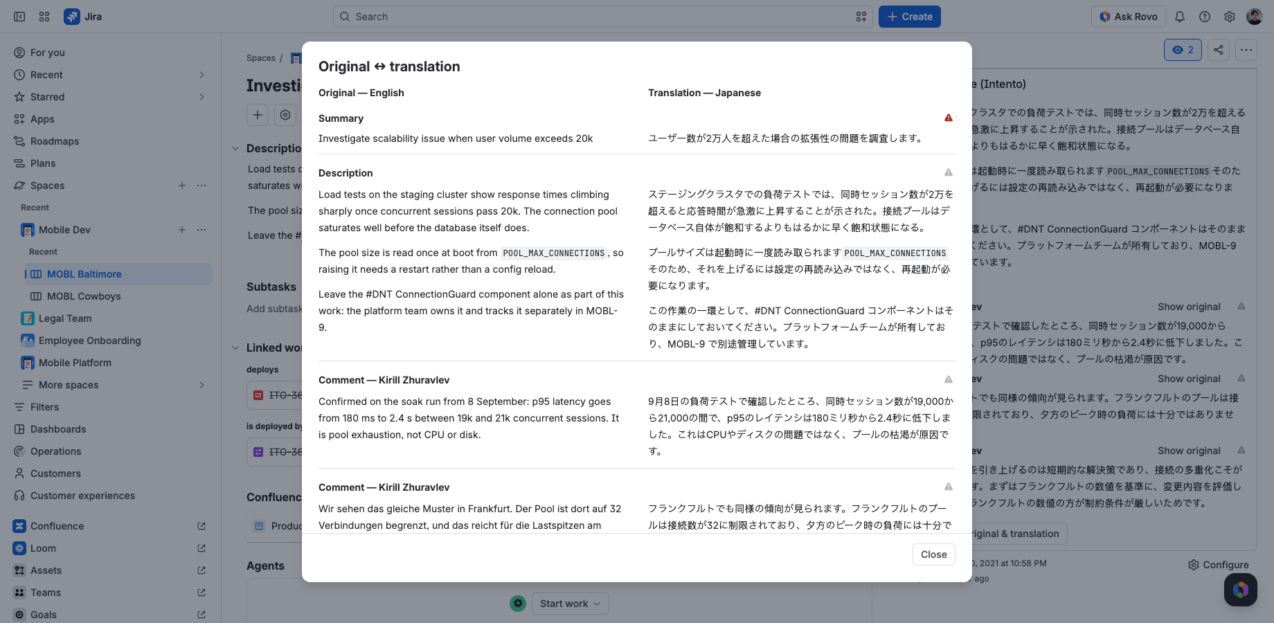 Compare, one row per item: summary, description and each comment, original on the left and translation on the right, so a reviewer checks one sentence without reading the whole issue twice.