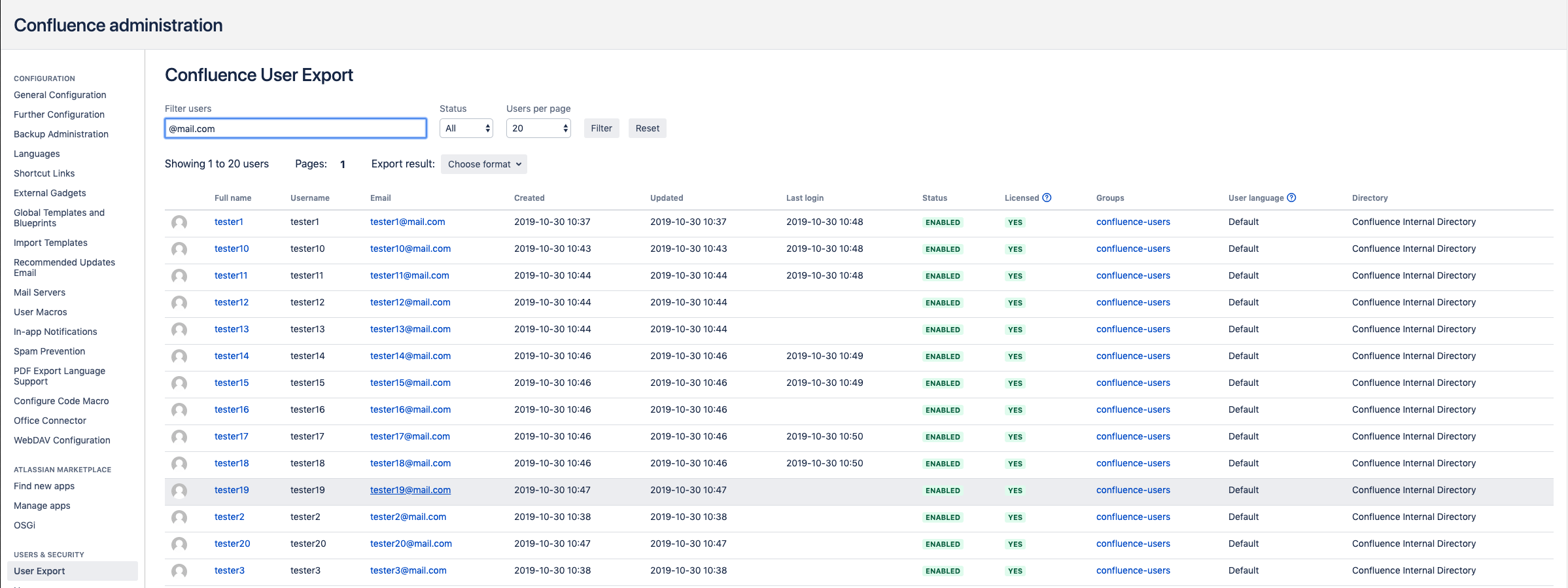 Confluence User Export search