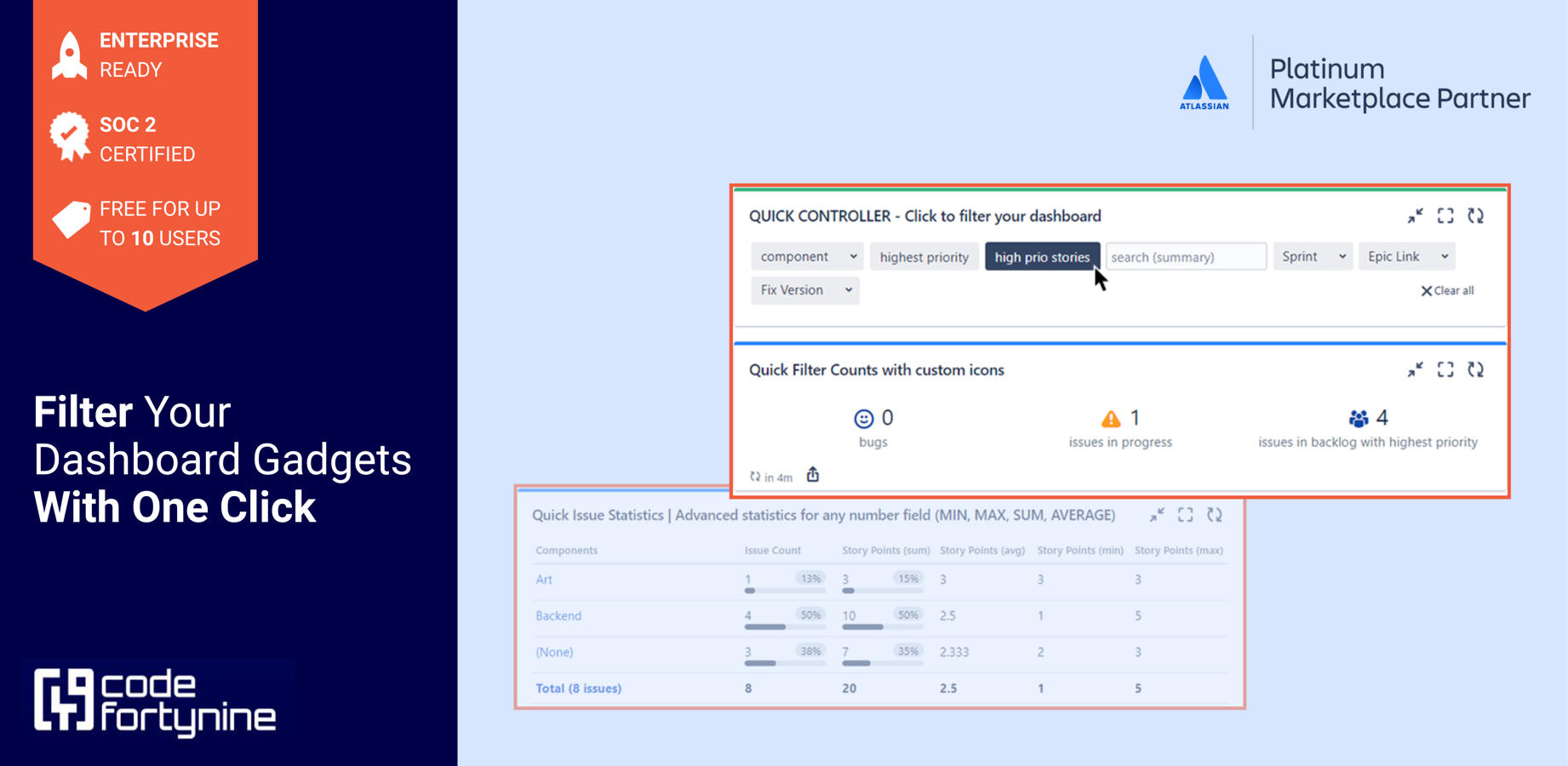✅ Build interactive Jira dashboards with advanced gadgets without the help of an admin. 

🔎 Create powerful filters in your Quick Controller and filter issues on your dashboard gadgets with one click.