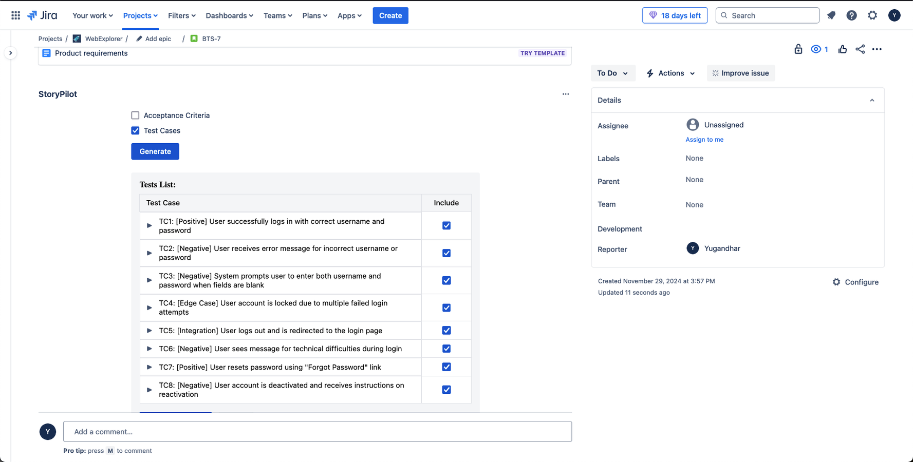 Users can easily check the desired options and submit their request to fetch AI-generated test cases directly within the StoryPilot panel. Streamline your testing process with intelligent test case creation.