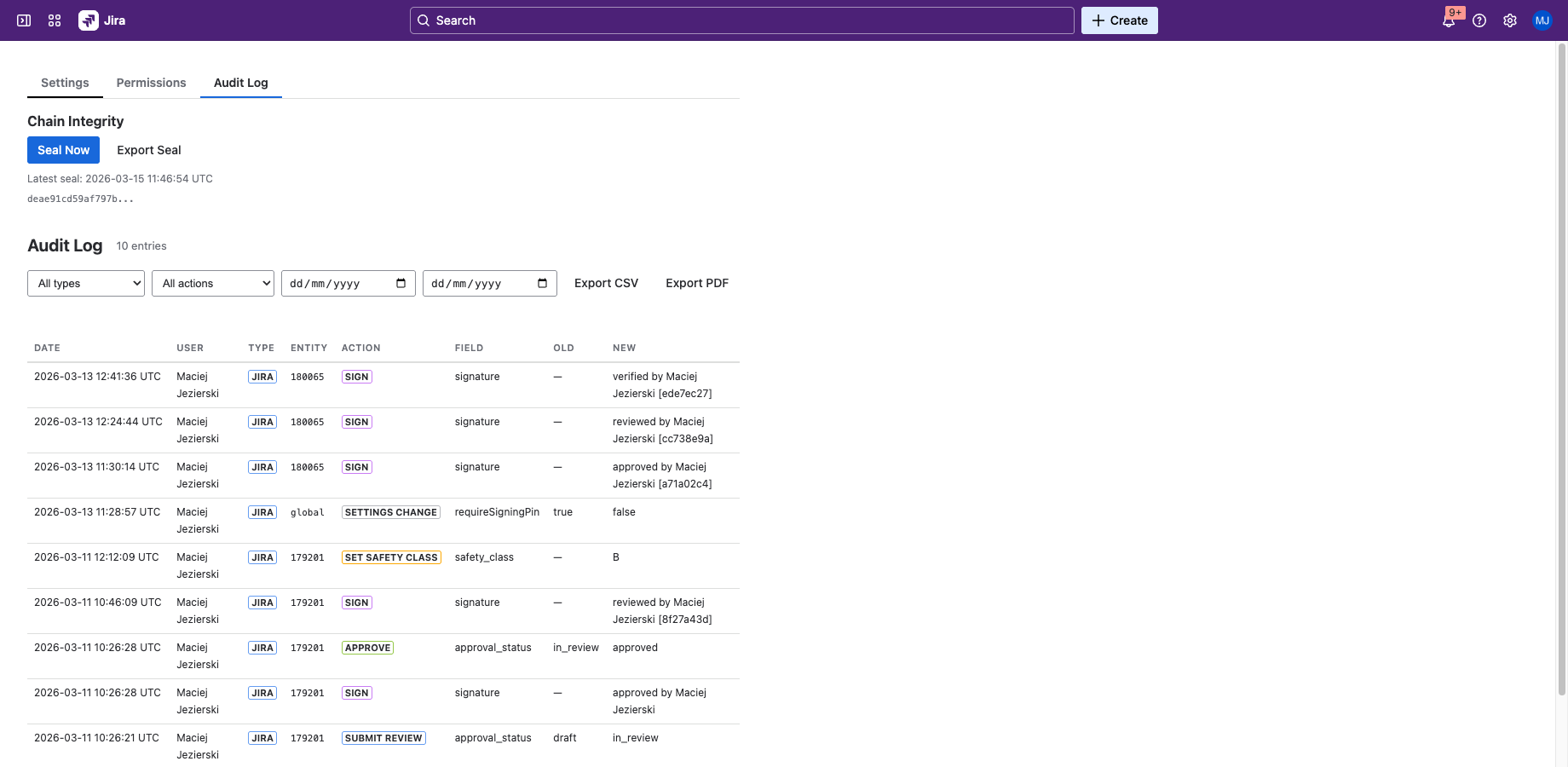 Export filtered audit entries to CSV for regulatory submissions. Periodic HMAC checkpoints detect retroactive tampering even if individual entries are recomputed.