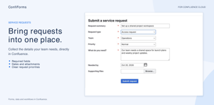 Collect service requests in Confluence with required fields, priorities, dates and supporting files. Keep submissions structured and easy to review.